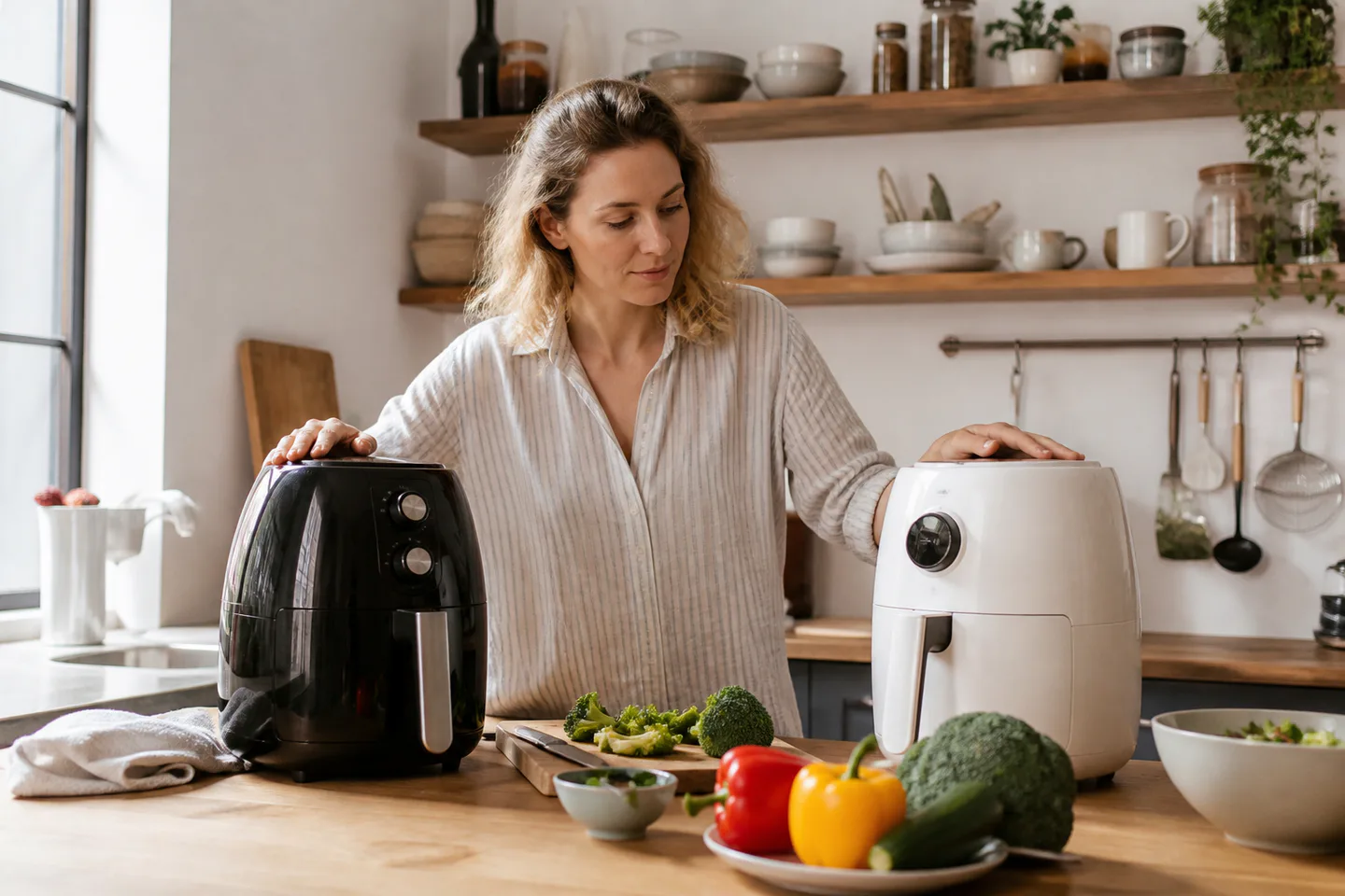 Home cook comparing two compact air fryers in a bright kitchen