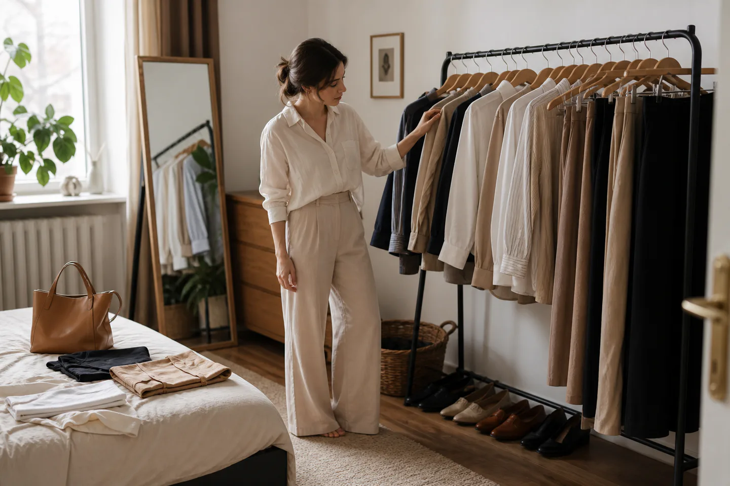 Woman arranging neutral everyday clothes on a bedroom rack