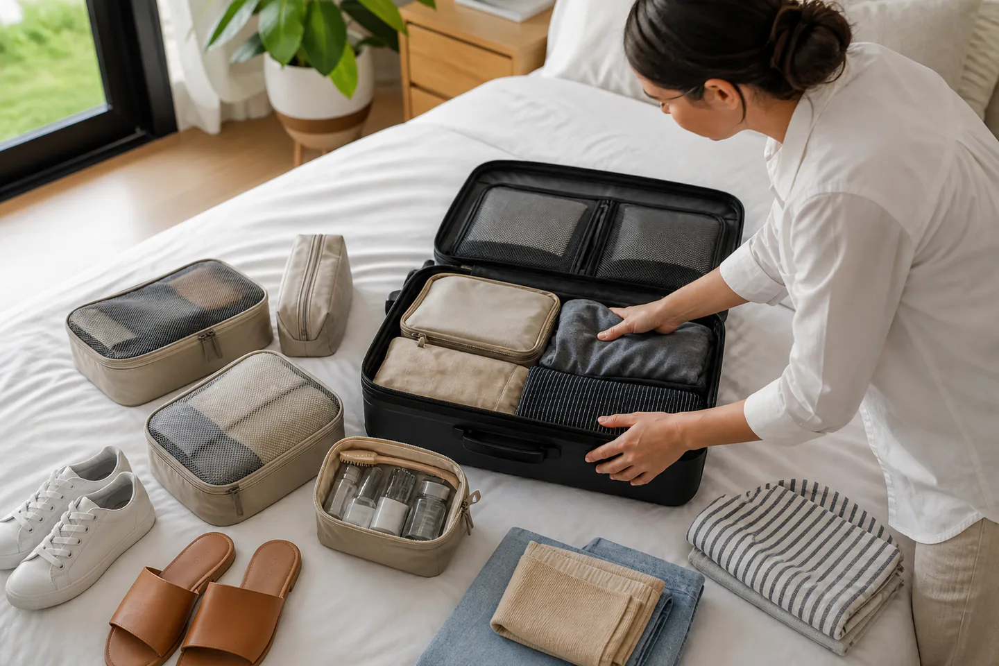 Traveler packing a carry-on suitcase with clothes and packing cubes