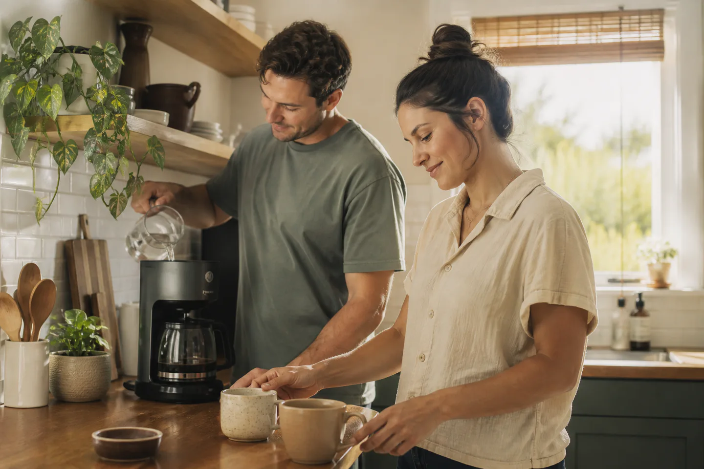 Couple making morning coffee with a compact drip coffee maker