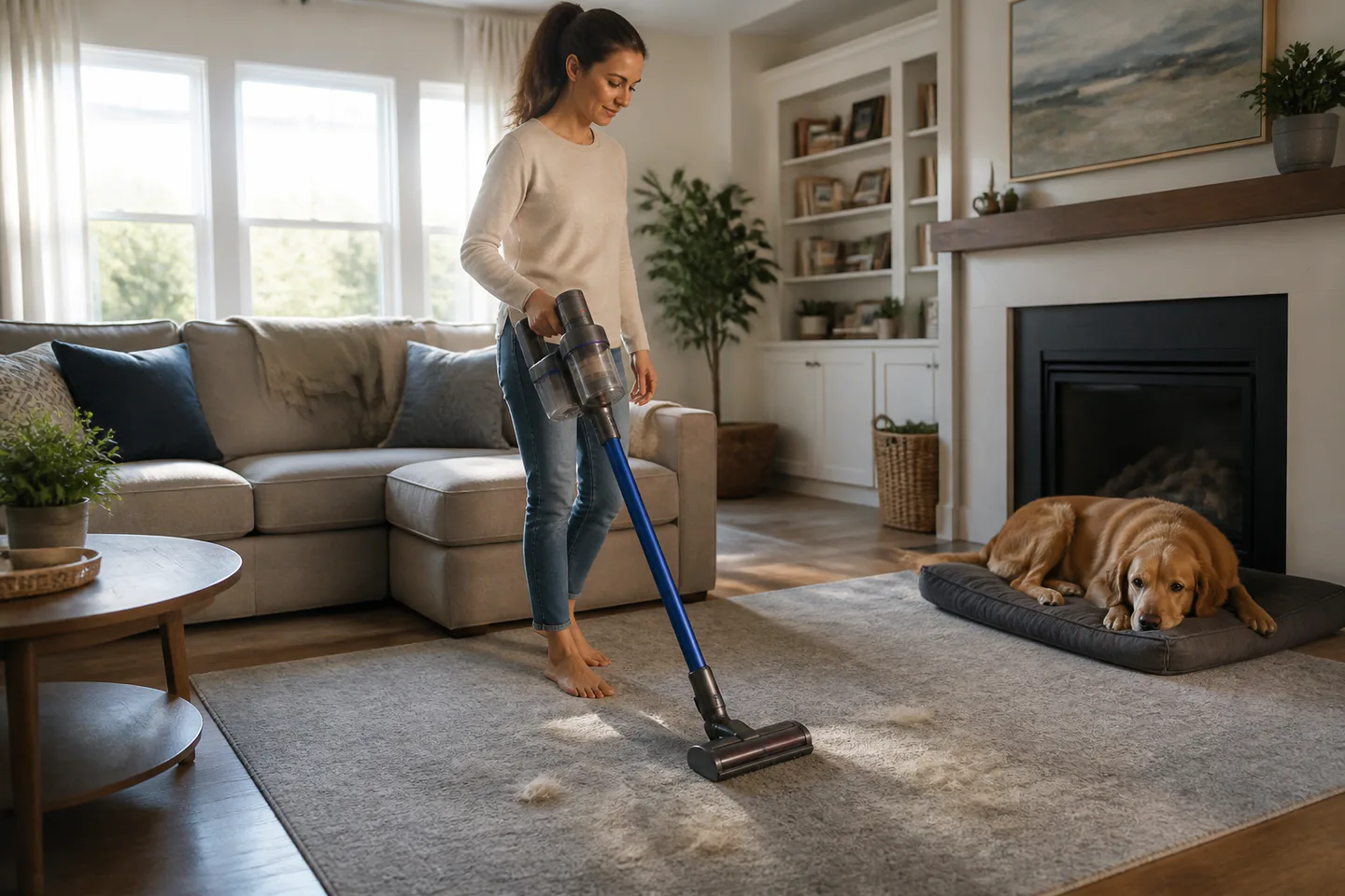 Person vacuuming pet hair from a living room rug while a dog rests nearby