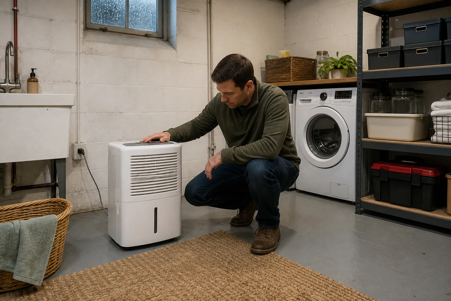 Homeowner checking a dehumidifier in a neat basement laundry area