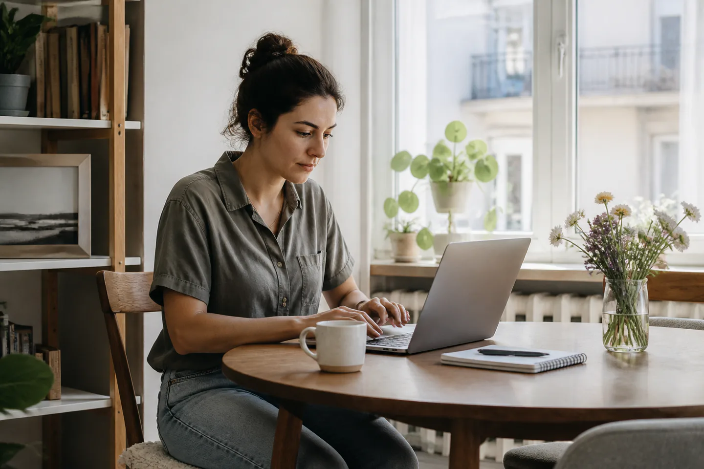 Person working on a slim laptop at a sunlit apartment table