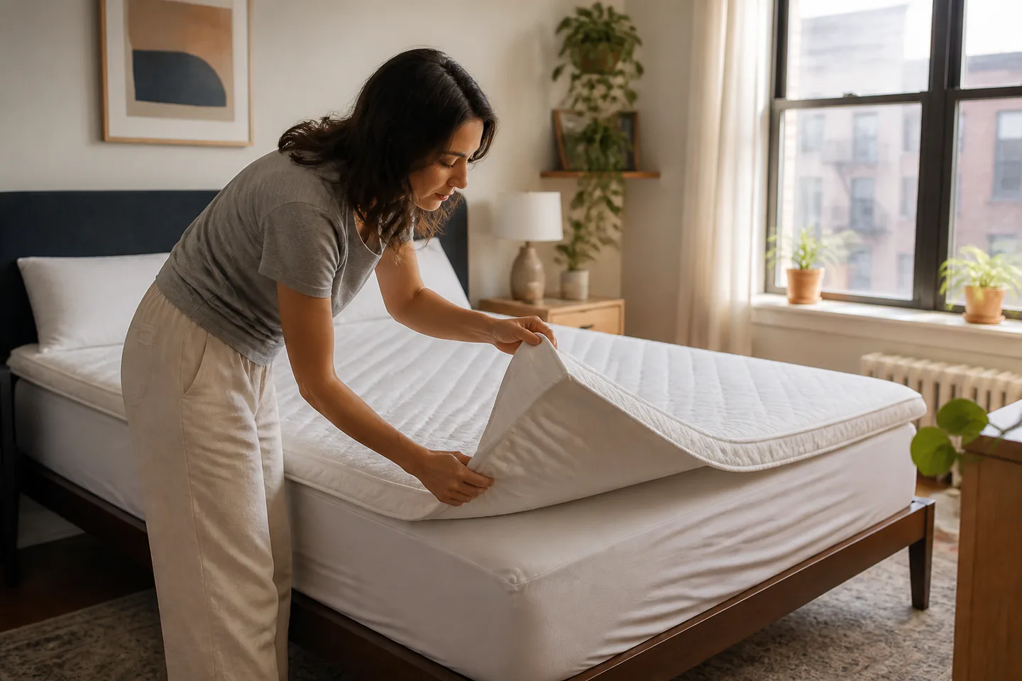 Renter fitting a thick mattress topper onto a bed in a cozy apartment