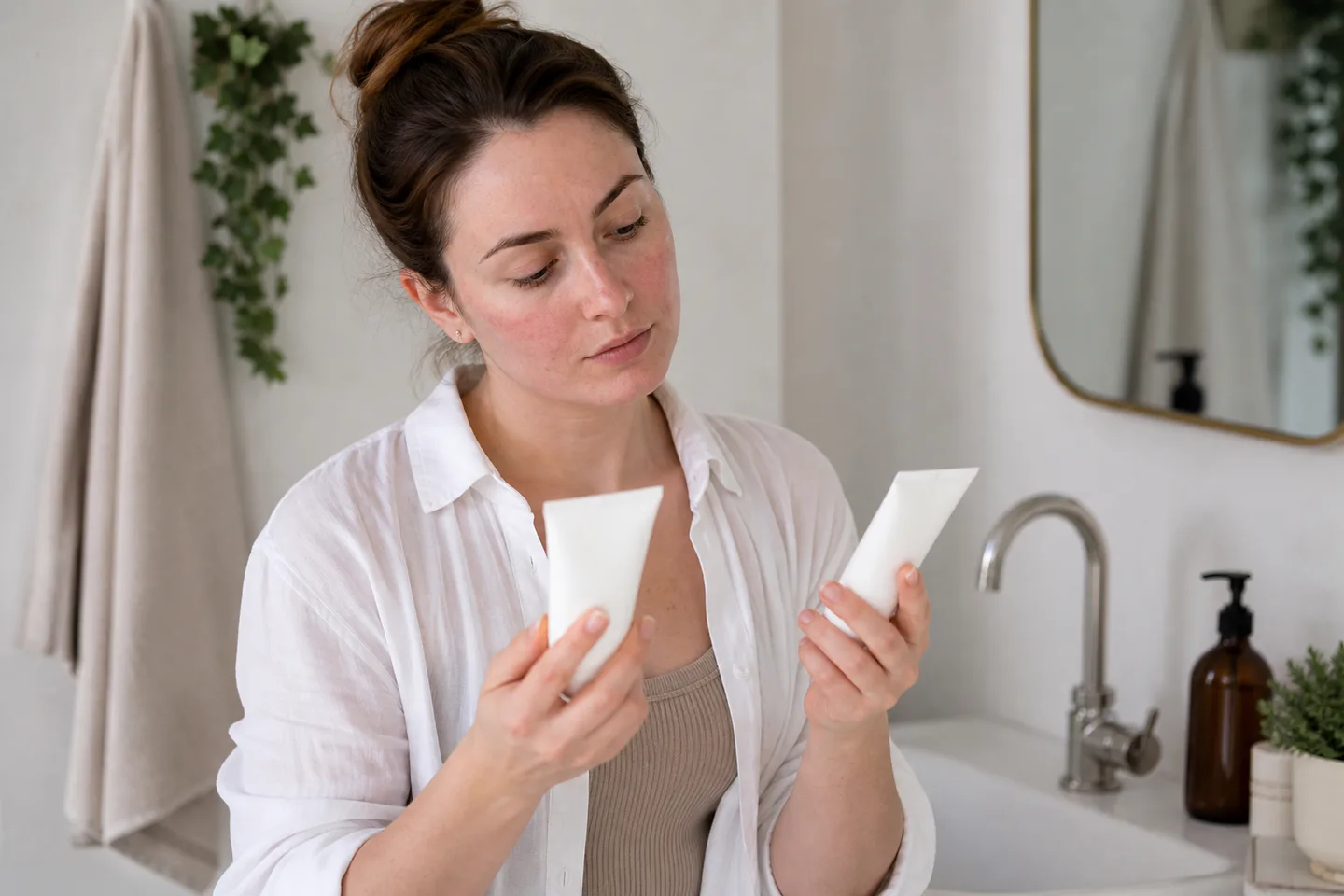 Person comparing two unbranded moisturizers at a bathroom sink