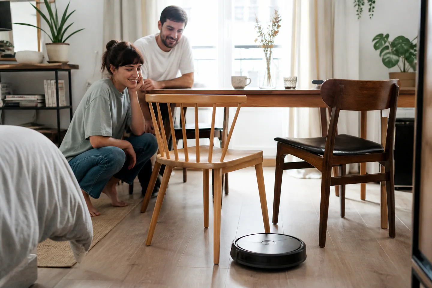 Couple watching a robot vacuum navigate a compact apartment dining area