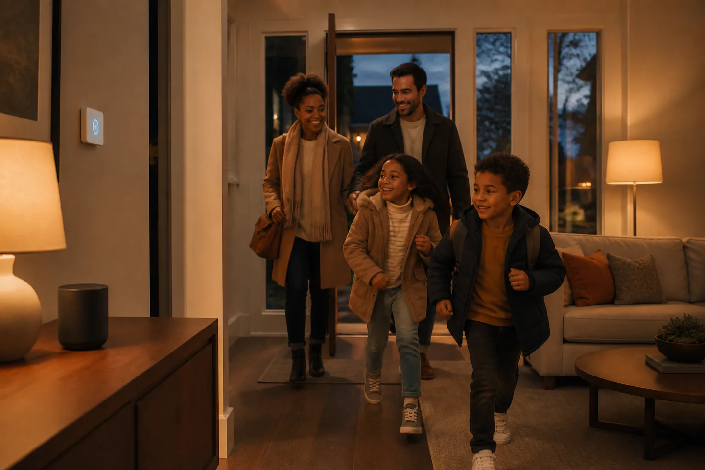 Family arriving home to warm smart lighting in an everyday living room