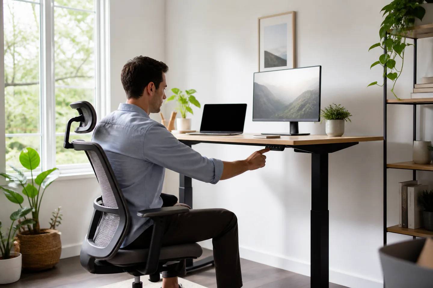 Person adjusting a standing desk in a compact home office