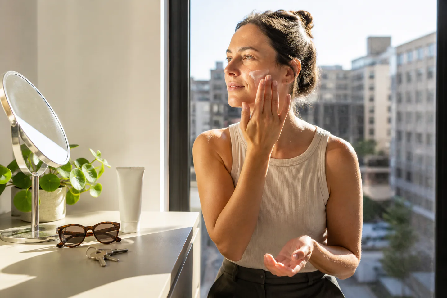 Person applying sunscreen beside a sunny apartment window