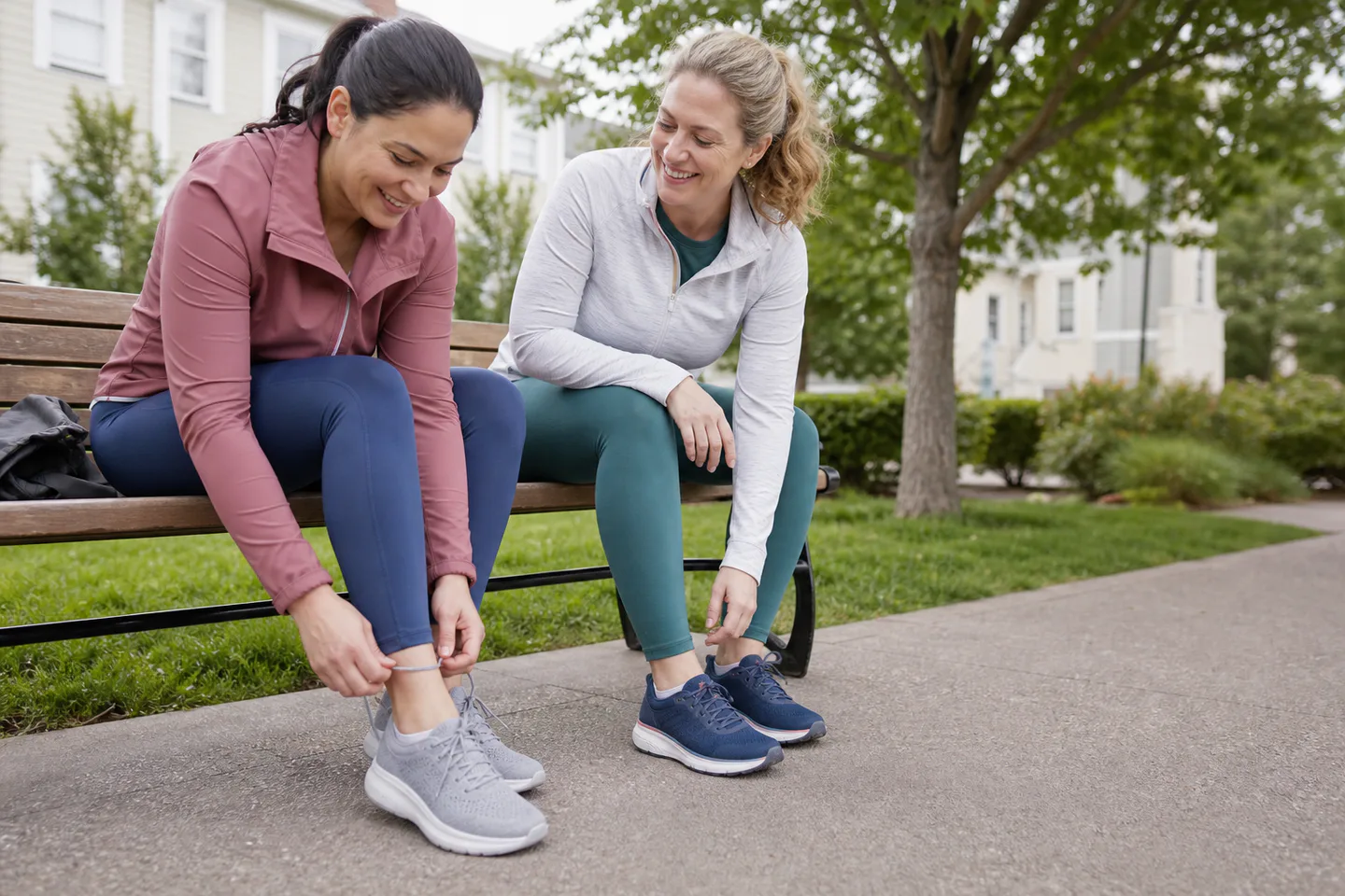 Friends lacing comfortable walking shoes on a park bench