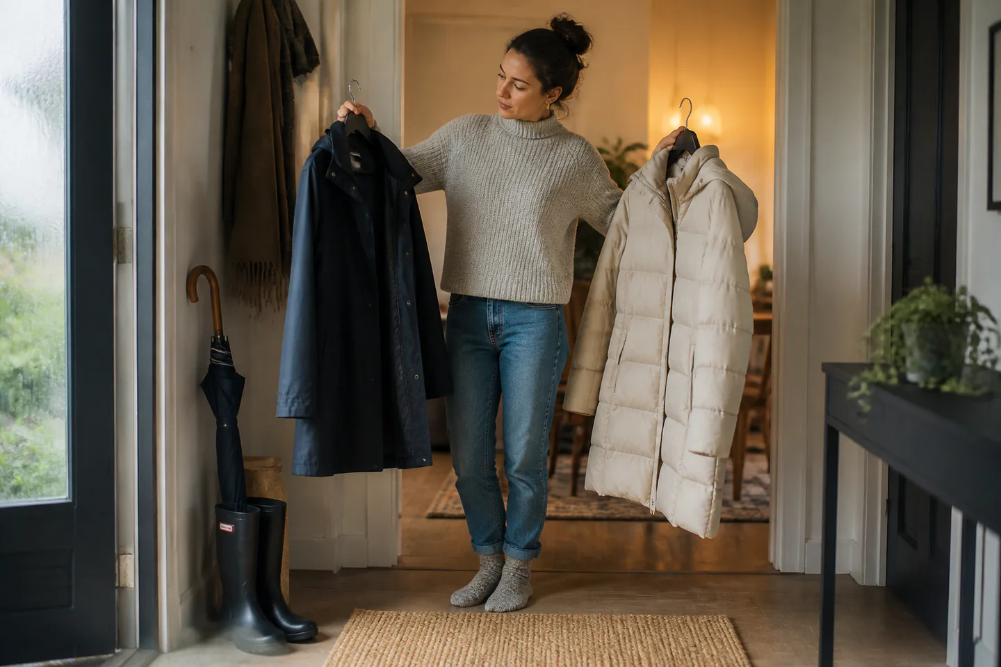 Person comparing two winter coats beside an apartment doorway