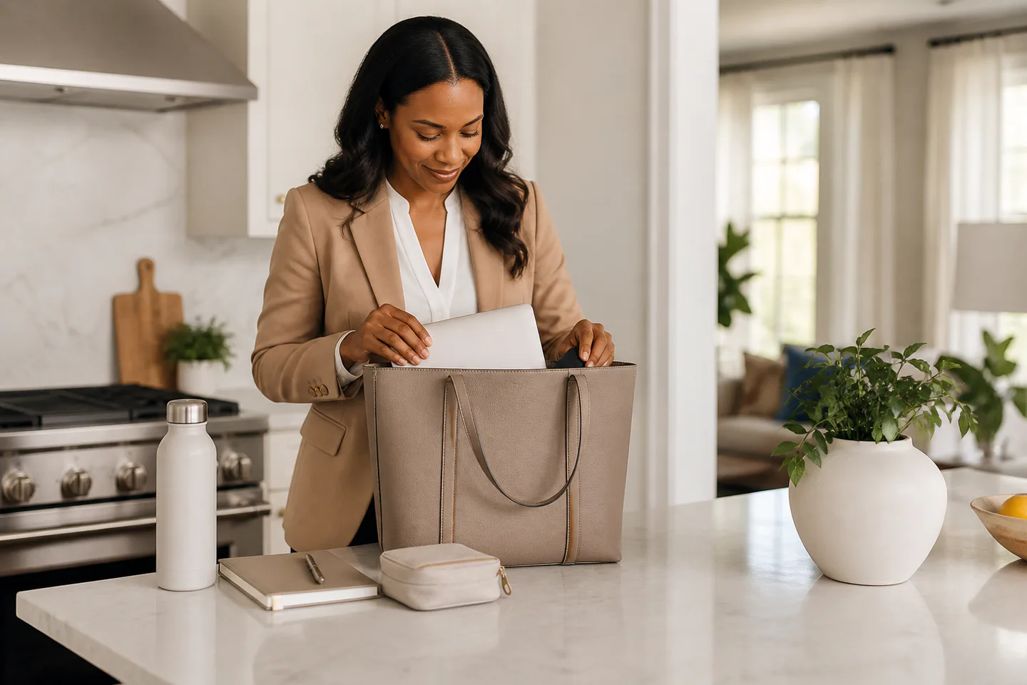 Professional packing a work tote with a laptop notebook and water bottle